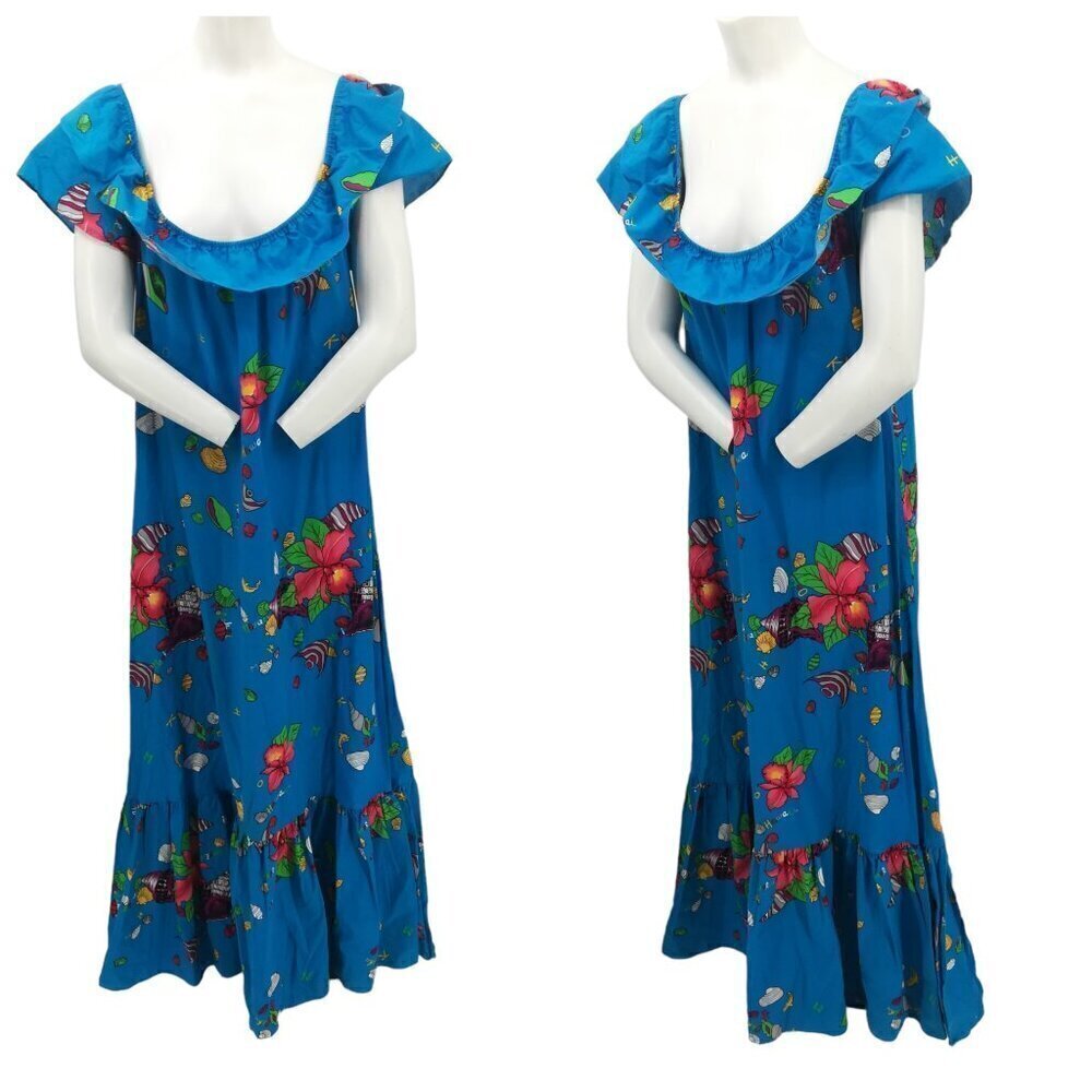 Vintage Hilo Hattie Cotton Ruffle Maxi Hawaiian Dress Size L Floral Shells